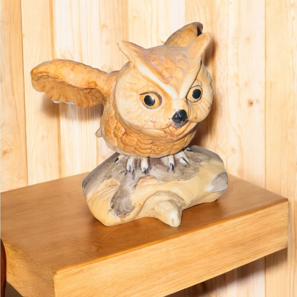 Vintage Horned Owl Figurine Statue Hand Painted Ceramic